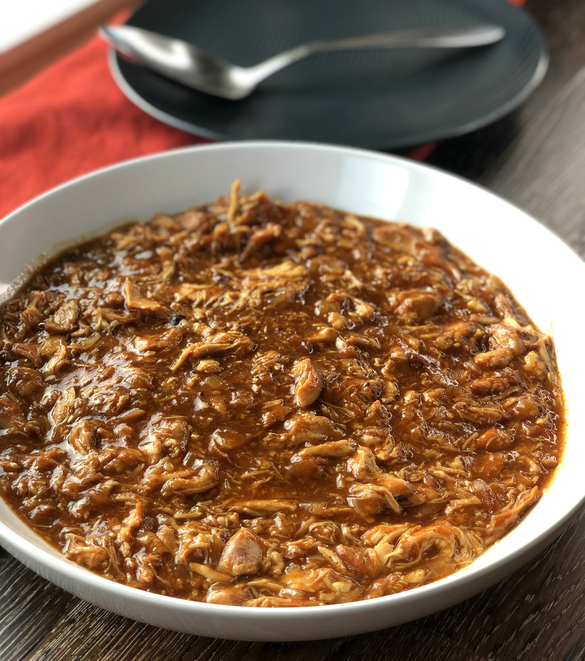 BBQ Pulled Chicken in a white bowl 