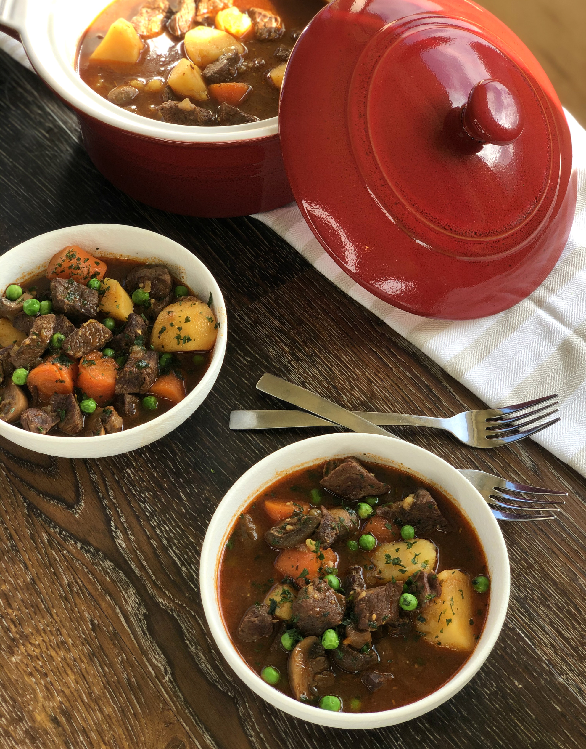 Casserole dish full of Slow Cooker Beef Stew