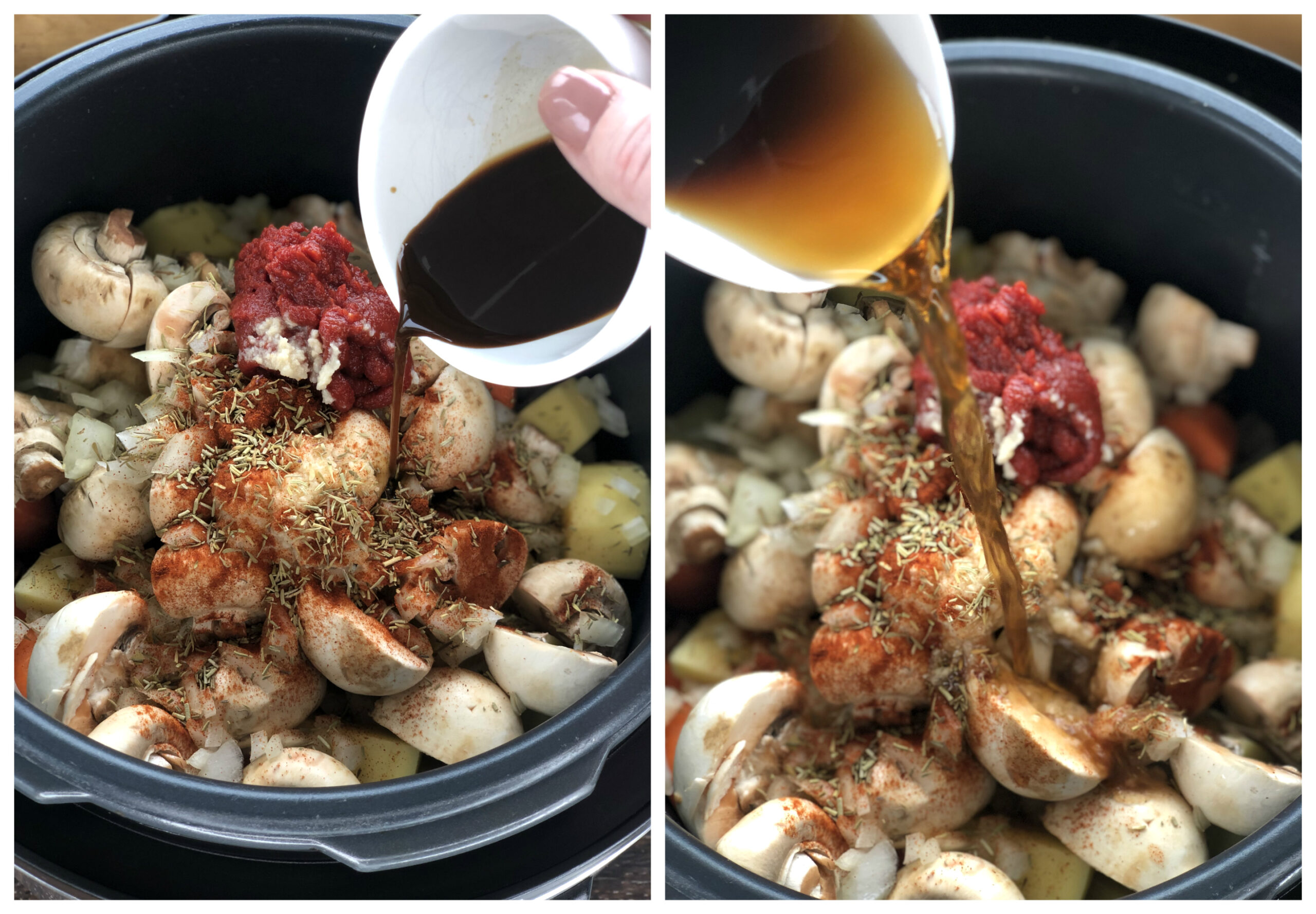 Pouring liquid ingredients for slow cooker beef stew