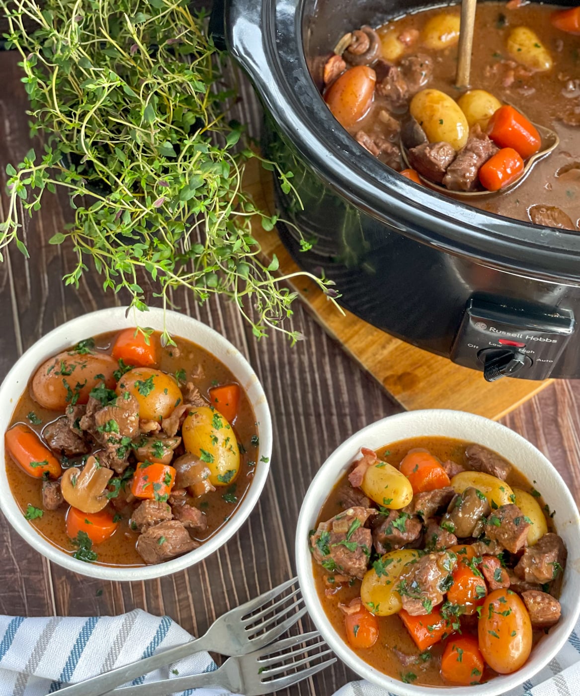 Bowls of slow cooker beef Bourguignon
