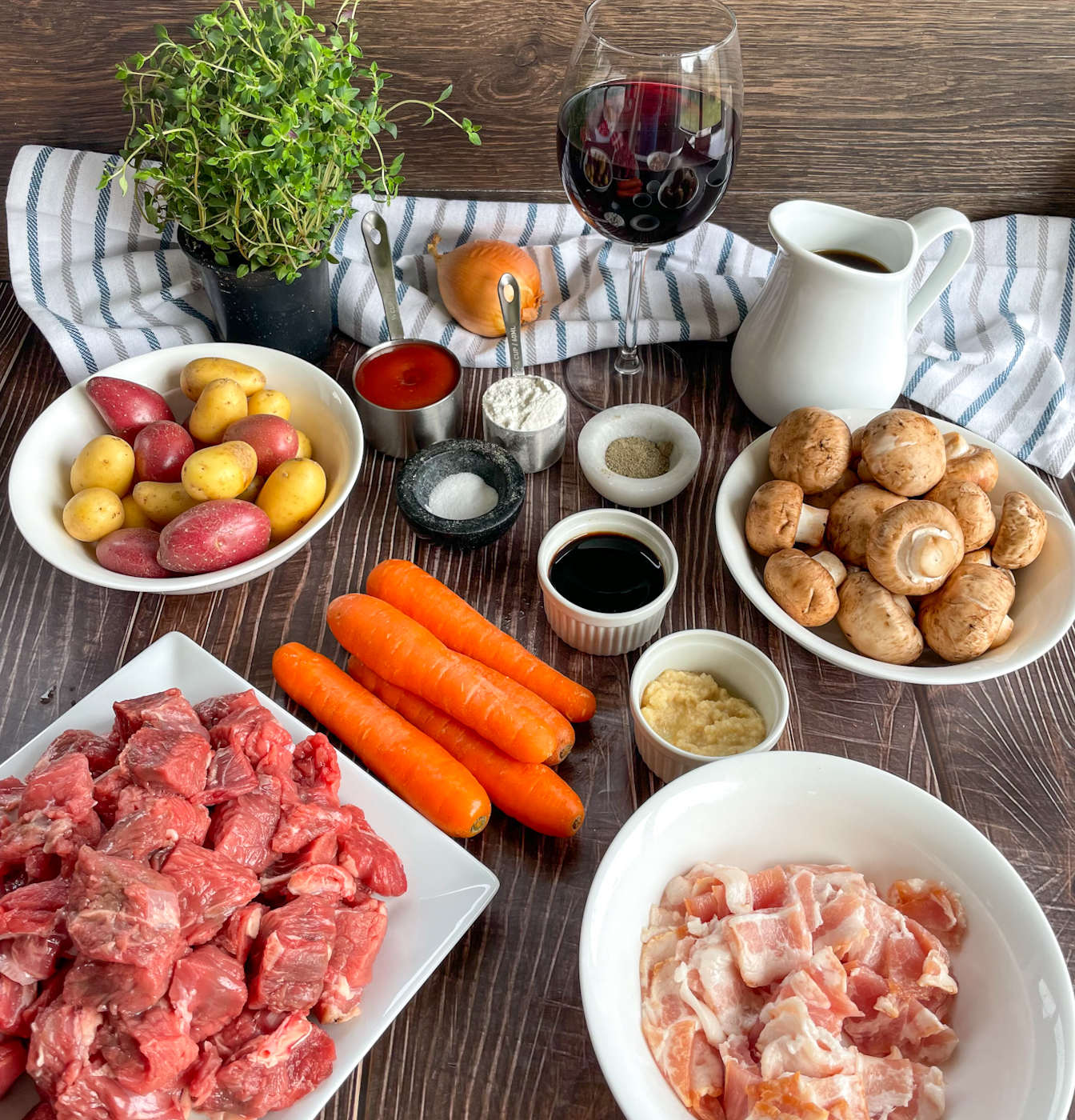 Ingredients used in Beef Bourguignon, see recipe card 