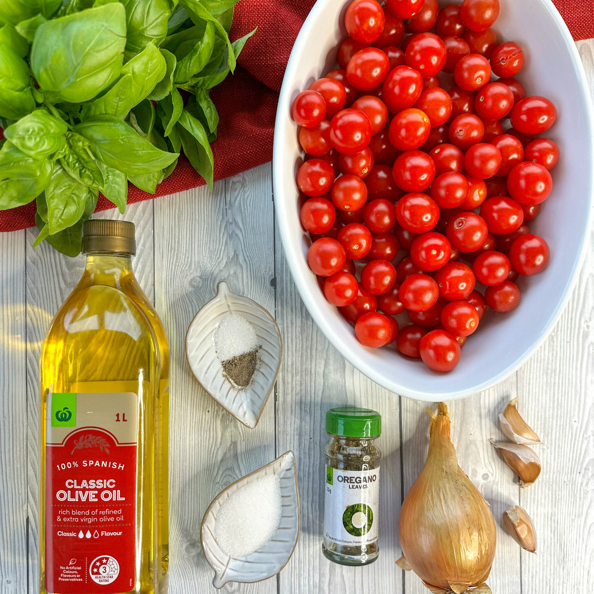 Ingredients used for slow cooker cherry tomato and basil pasta sauce 