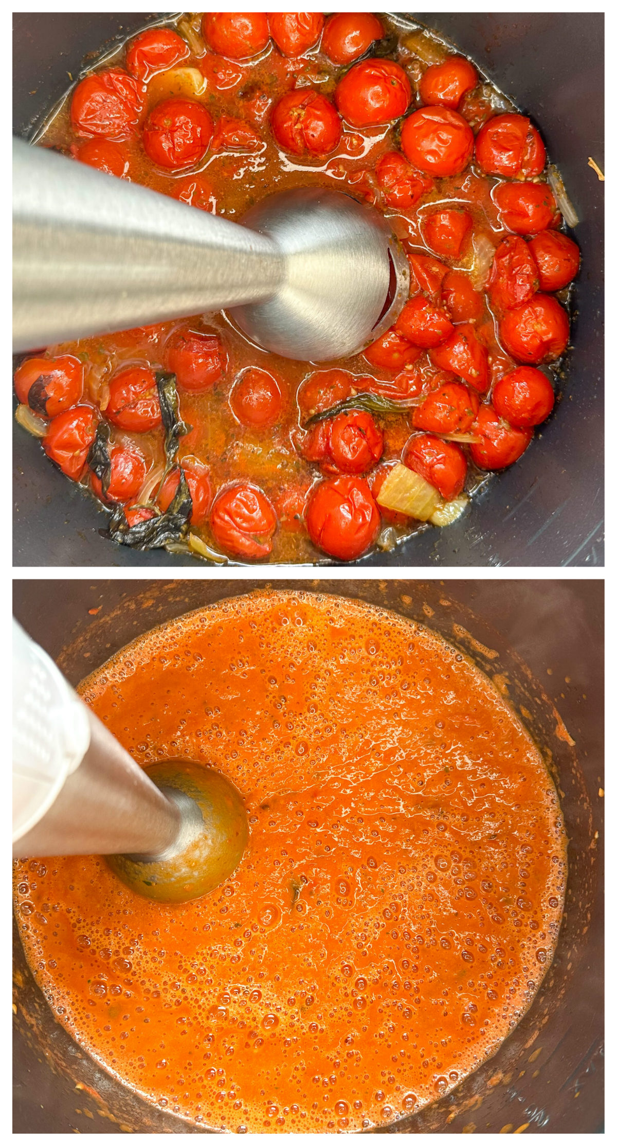 Using a stick immersion blender to blend homemade pasta sauce 