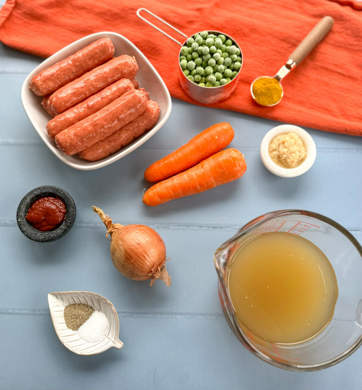 Ingredients used to make curried sausages see list in recipe card