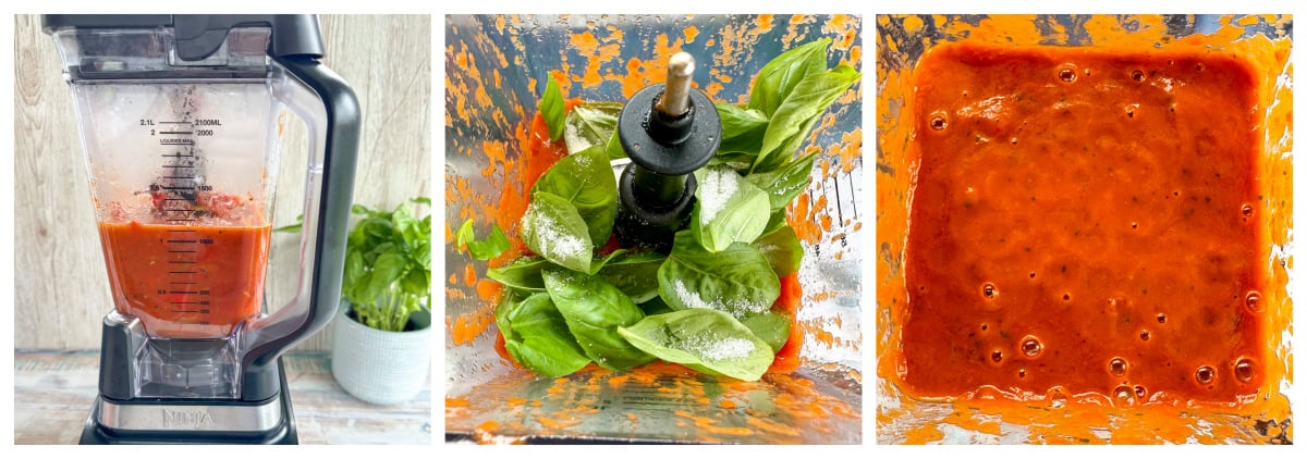 using a blender to mix tomato and basil soup