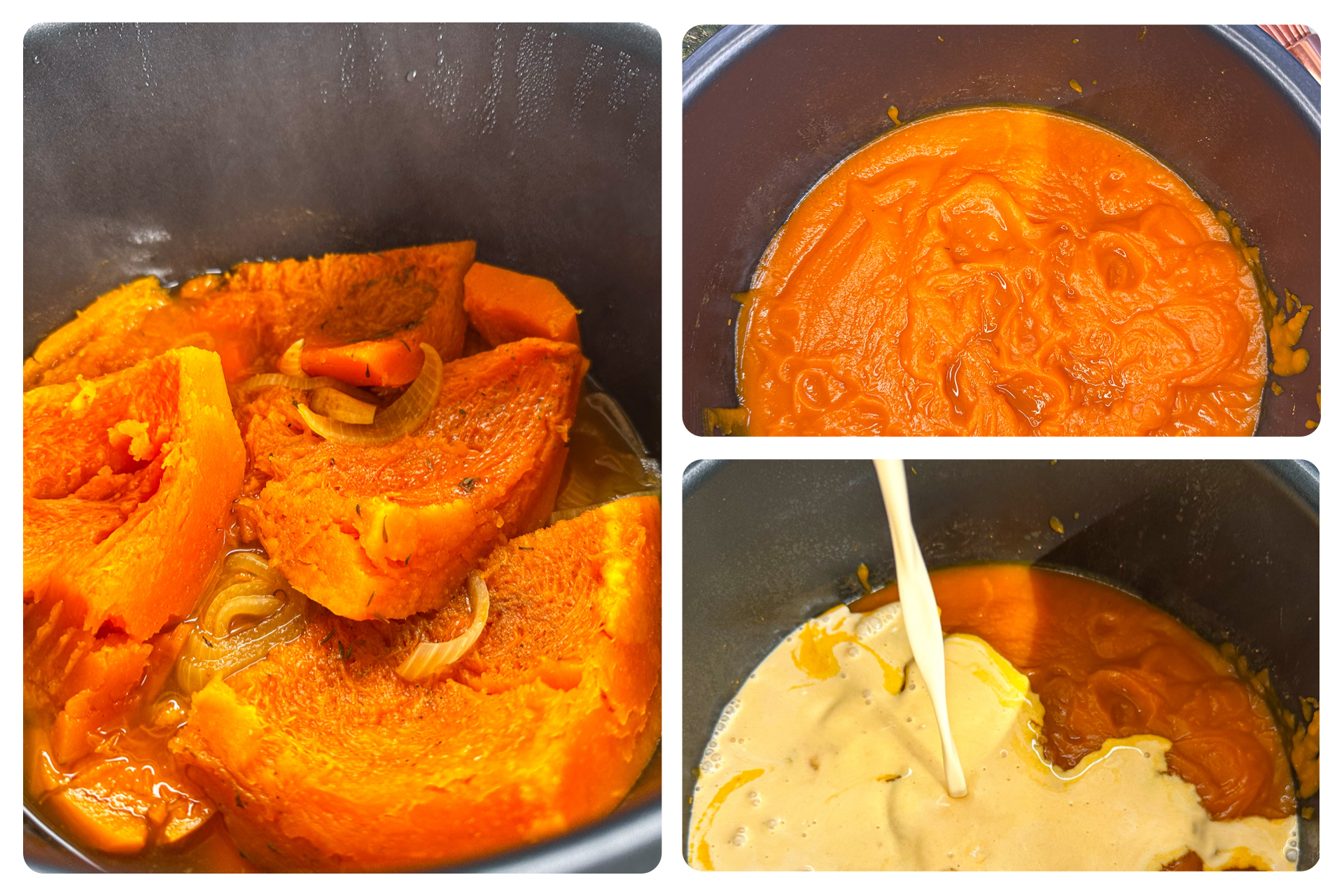 Cooked pumpkin soup before and after blending then adding the cream