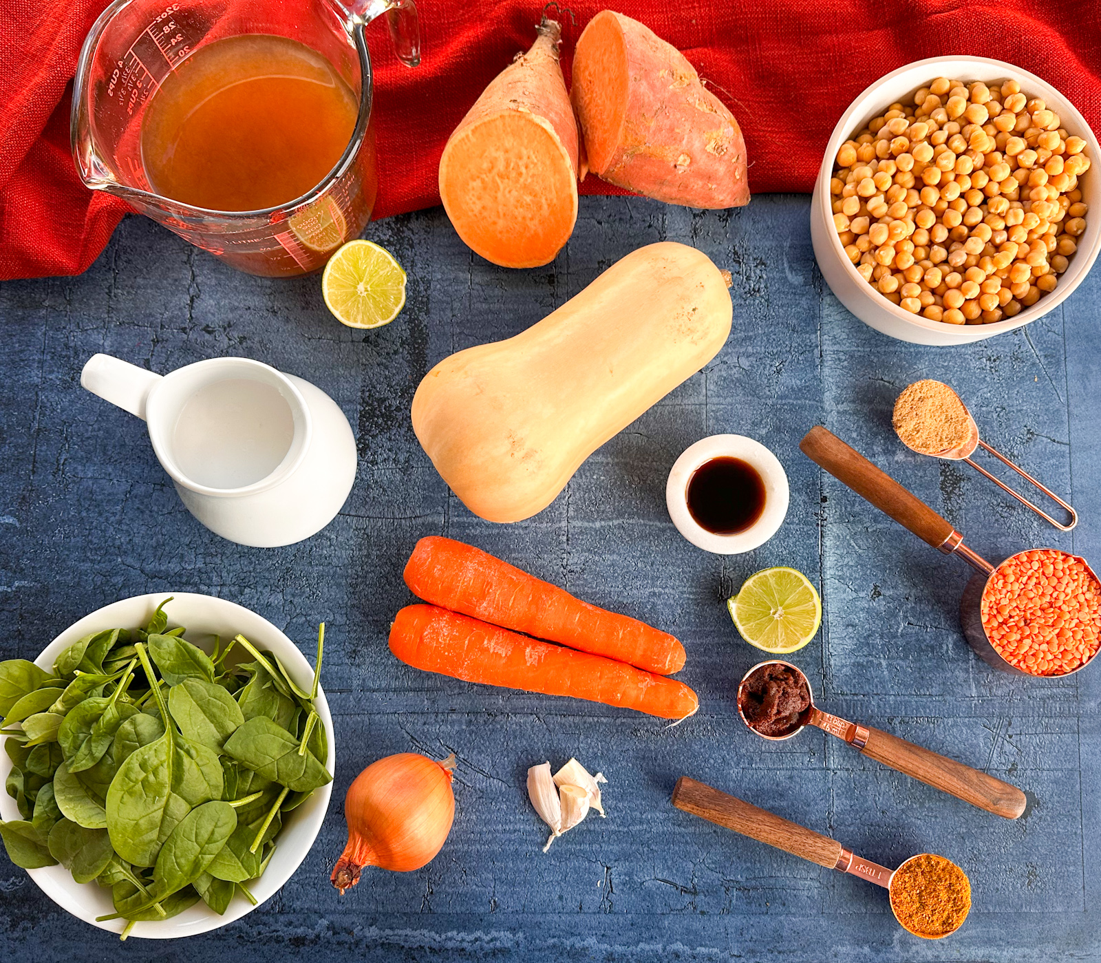 Ingredients used to make a pumpkin and chickpea curry