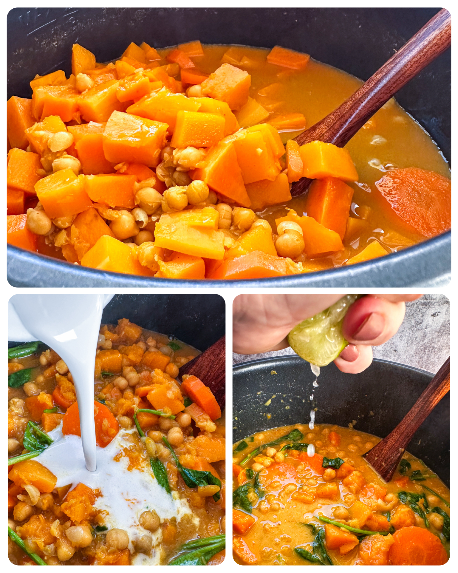 The curry cooked, adding the remaining coconut milk and lime juice to the dish