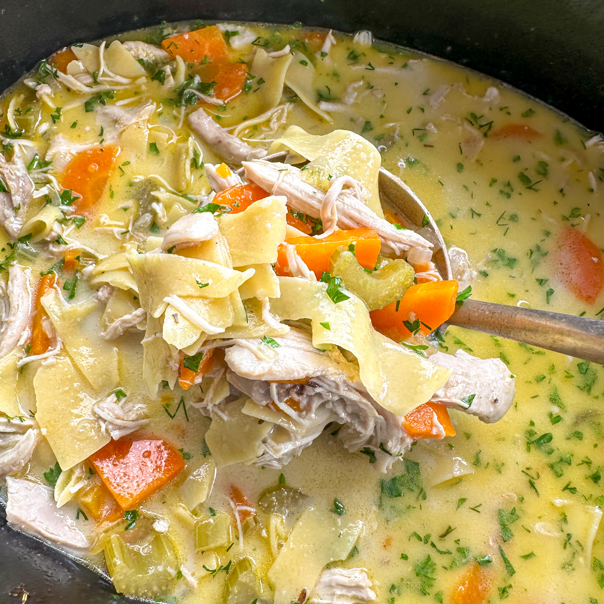 Ladle full of slow cooker creamy chicken noodle soup