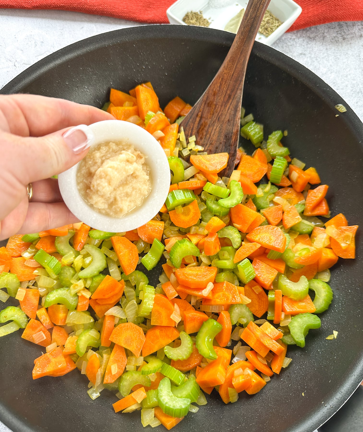 onions carrots celery and garlic sautéed before adding to slow cooker soup