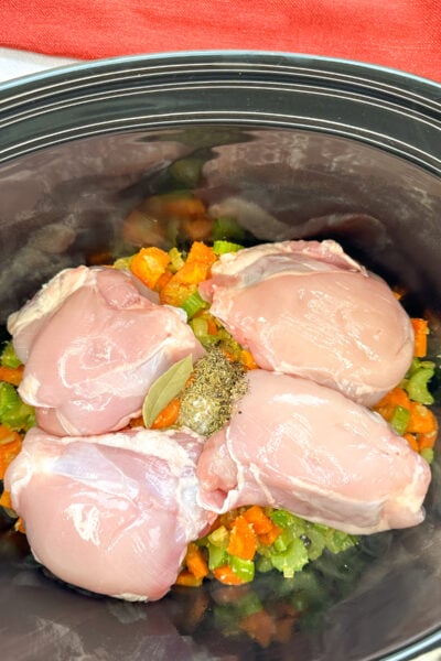 Raw chicken in the slow cooking on a pile of vegetables