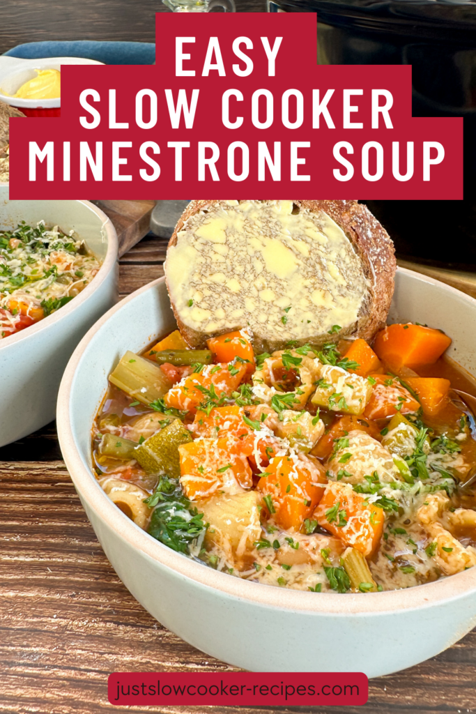 slow cooker minestrone soup with vegetables, beans and pasta in tomato broth