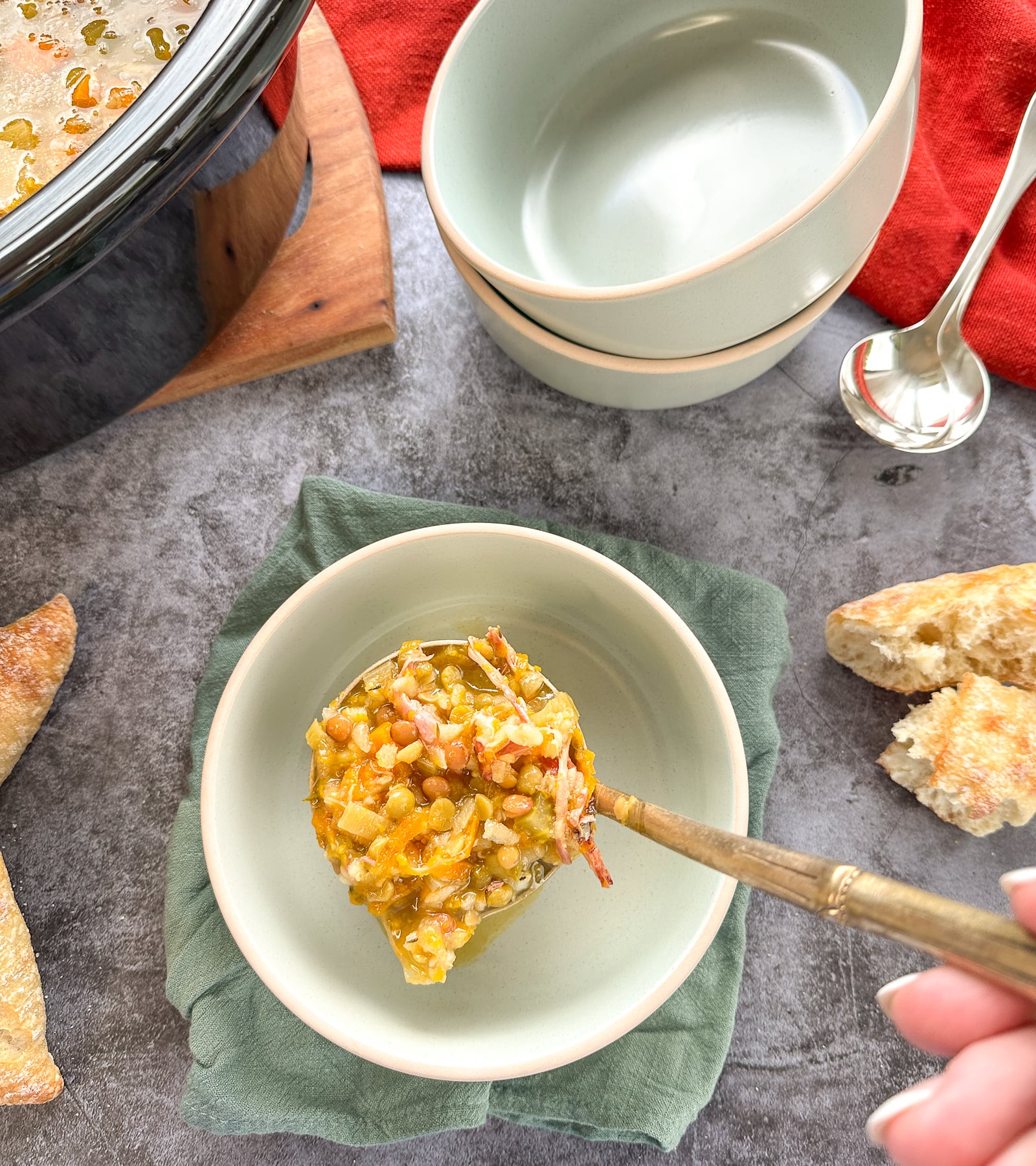 ladle full of ham hock soup