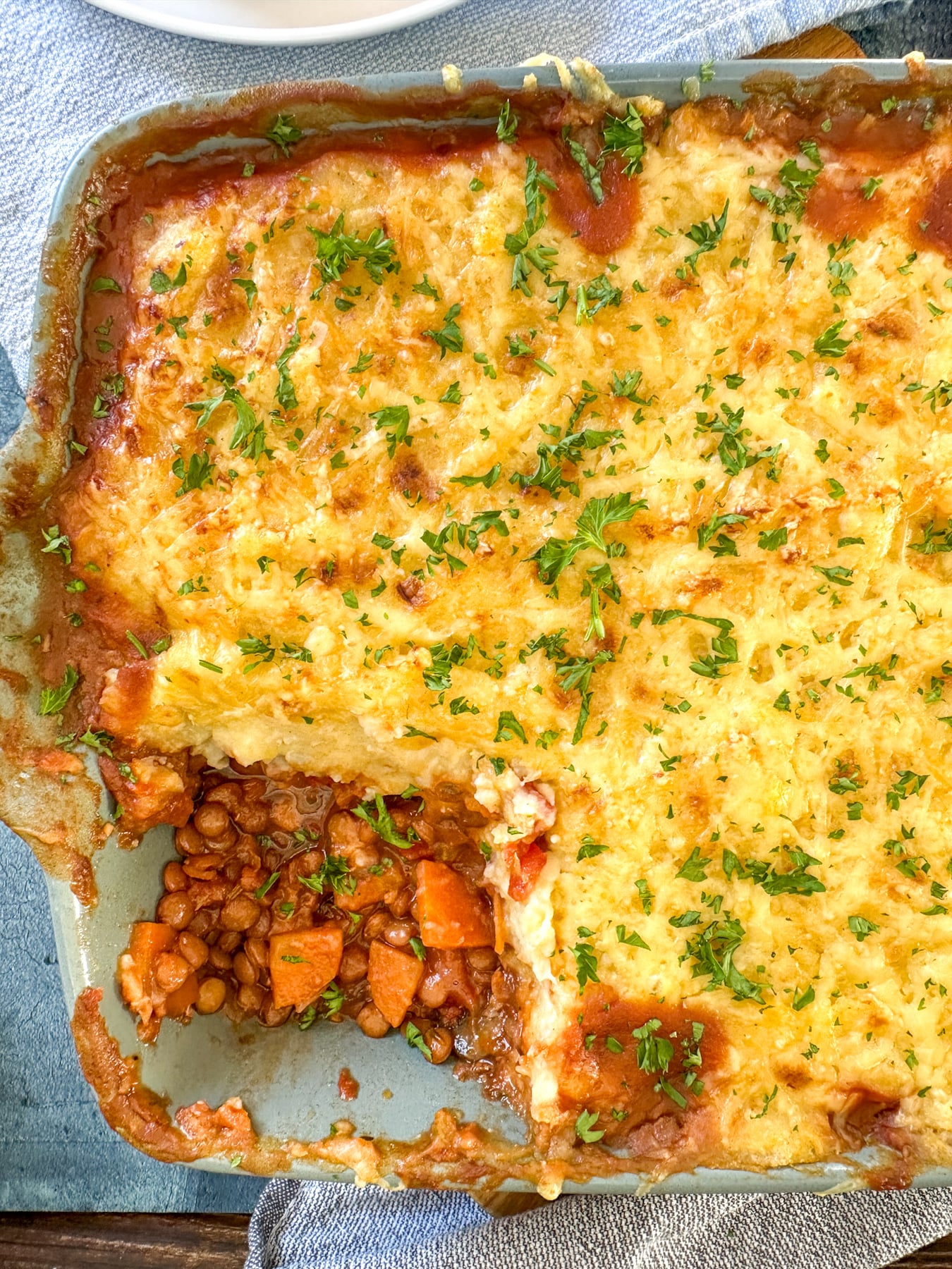 golden brown lentil vegetable cottage pie slow cooked