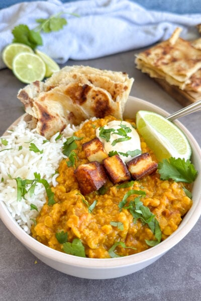 slow cooker red lentil curry with paneer and lime