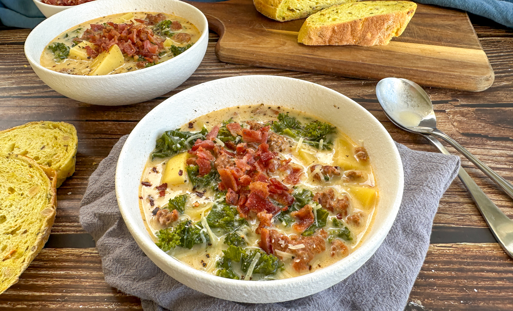 bowls of comforting Zuppa Toscana slow cooked