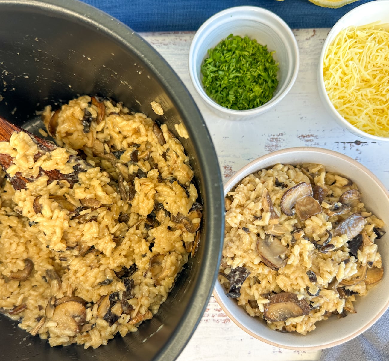 Slow Cooker with mushroom risotto and a bowl risotto with parmesan and parsley