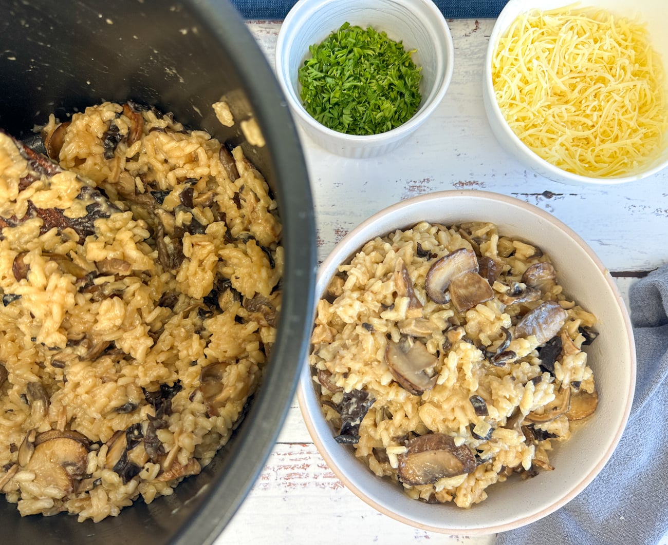 Slow Cooker with mushroom risotto and a bowl risotto with parmesan and parsley