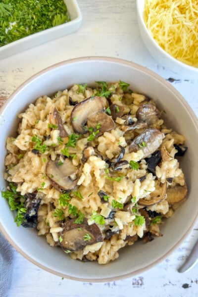 Bowl of slow cooker mushroom risotto