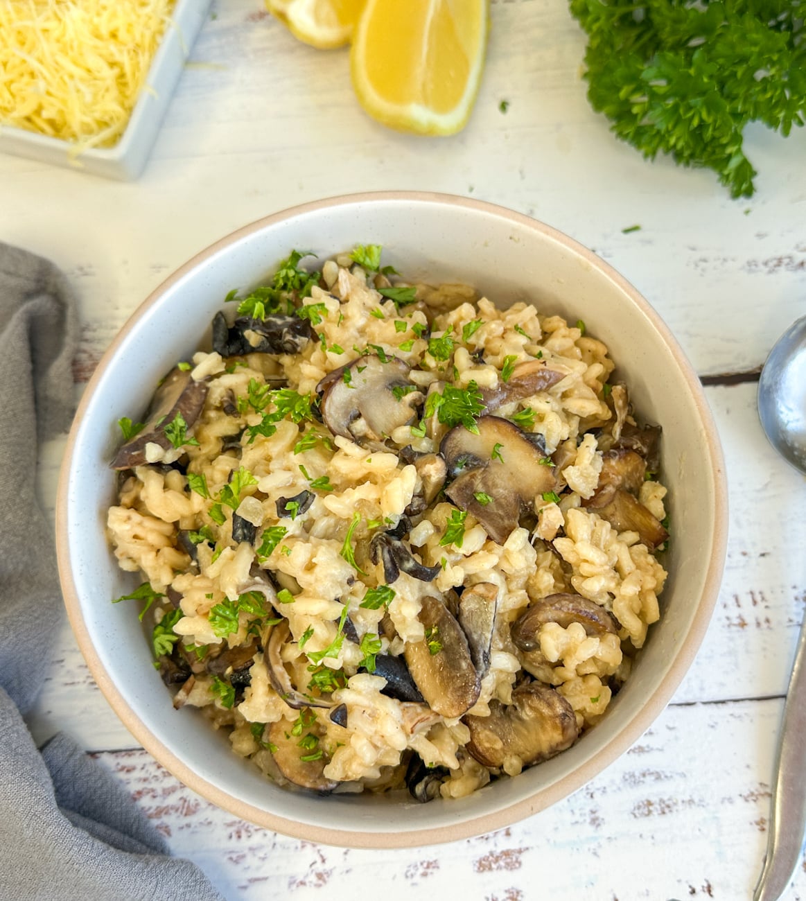Bowl of slow cooker mushroom risotto