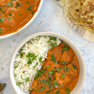 bowl of butter chicken with rice