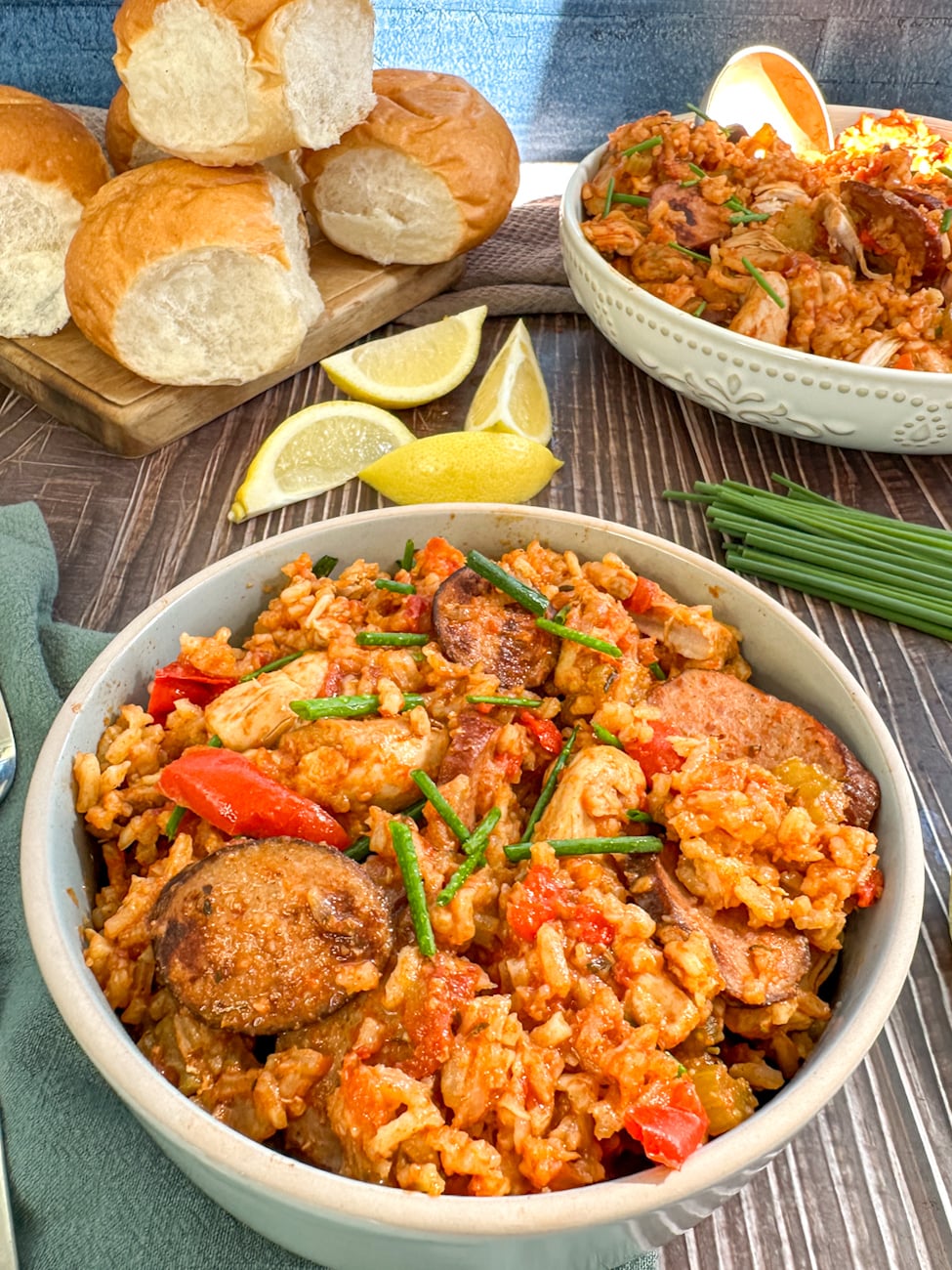 bowls of chicken and sausage tomato based jambalaya