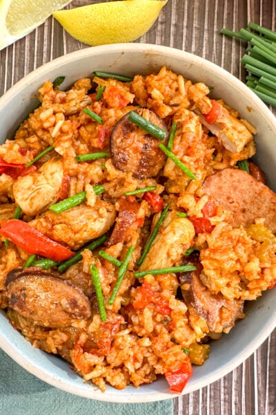 bowl of slow cooker chicken and sausage jambalaya