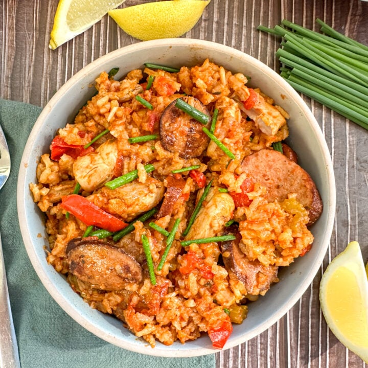 bowl of slow cooker chicken and sausage jambalaya