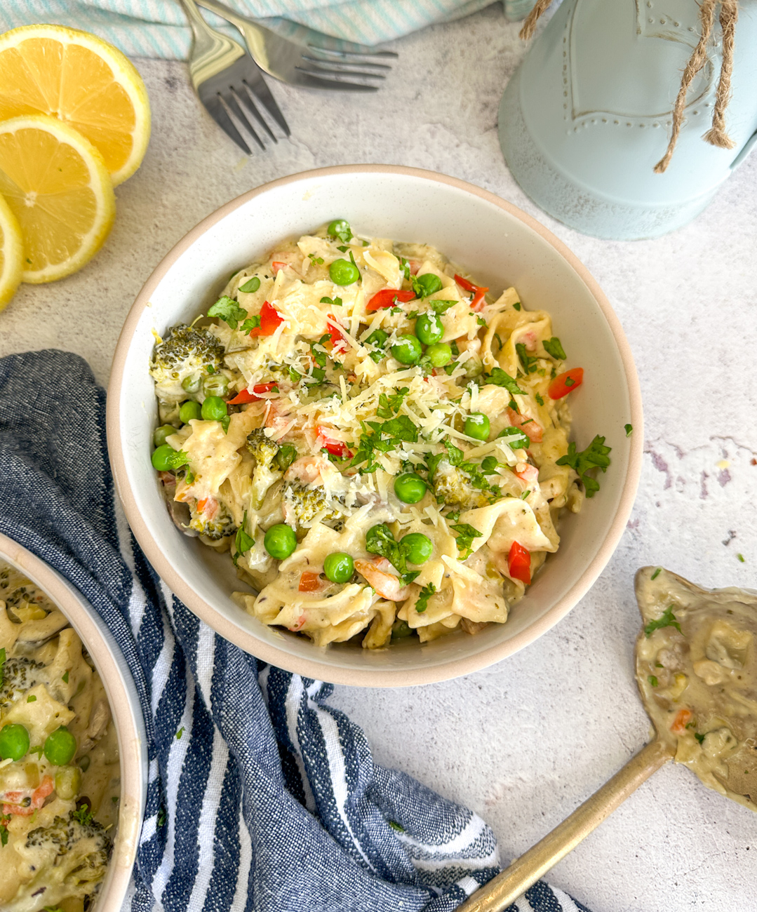 white bowl of creamy alfredo