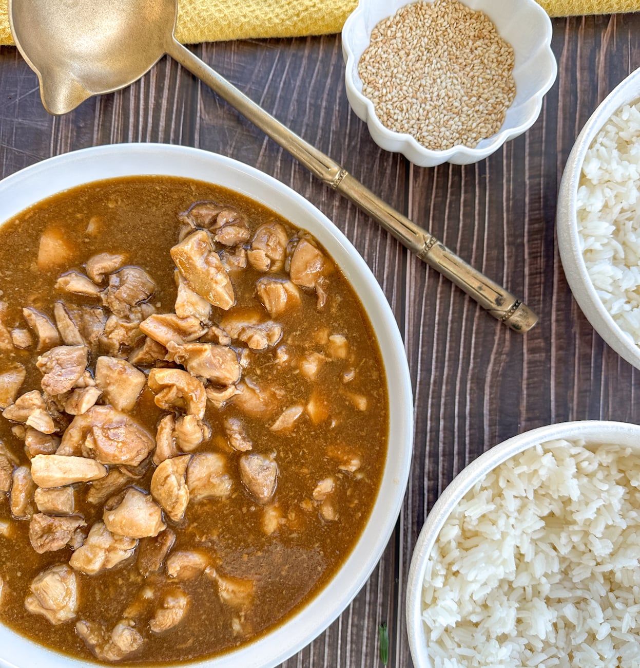 bowl of slow cooker honey soy chicken in sauce