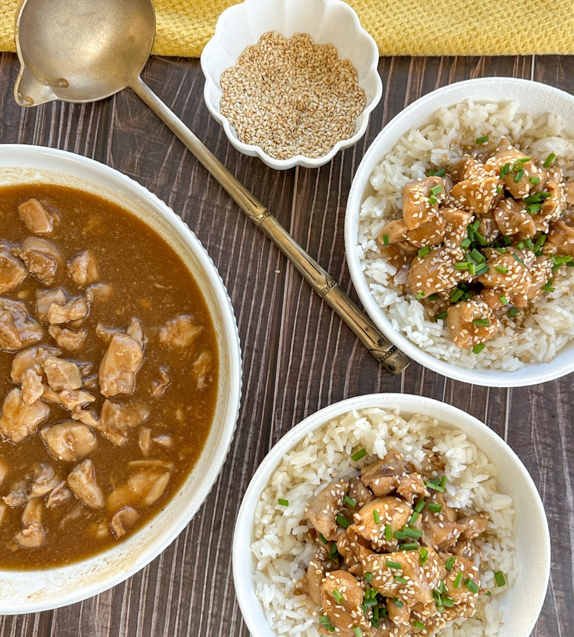 Slow cooker honey soy chicken served in bowls with rice