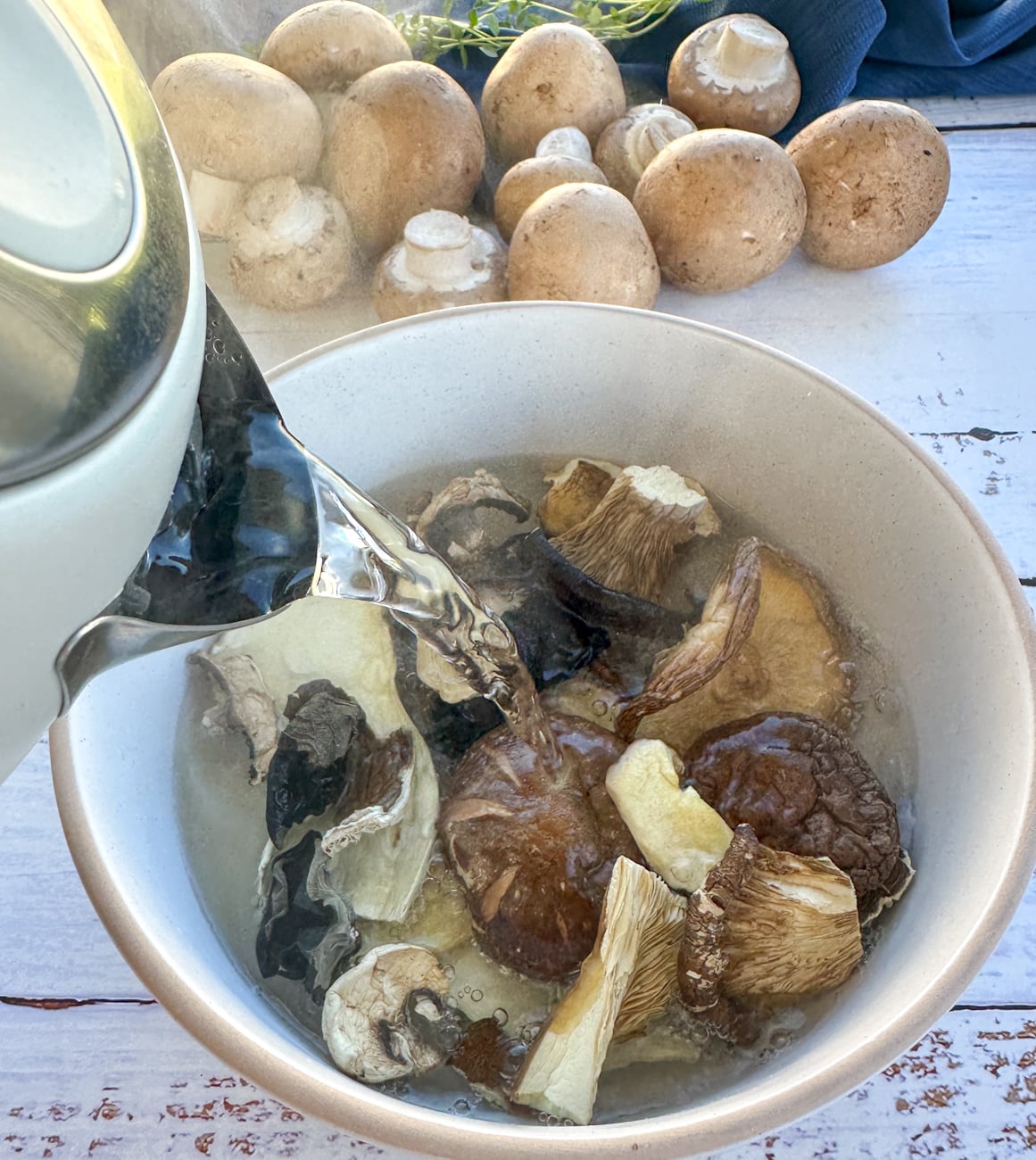 soaking dried mushrooms in boiling water