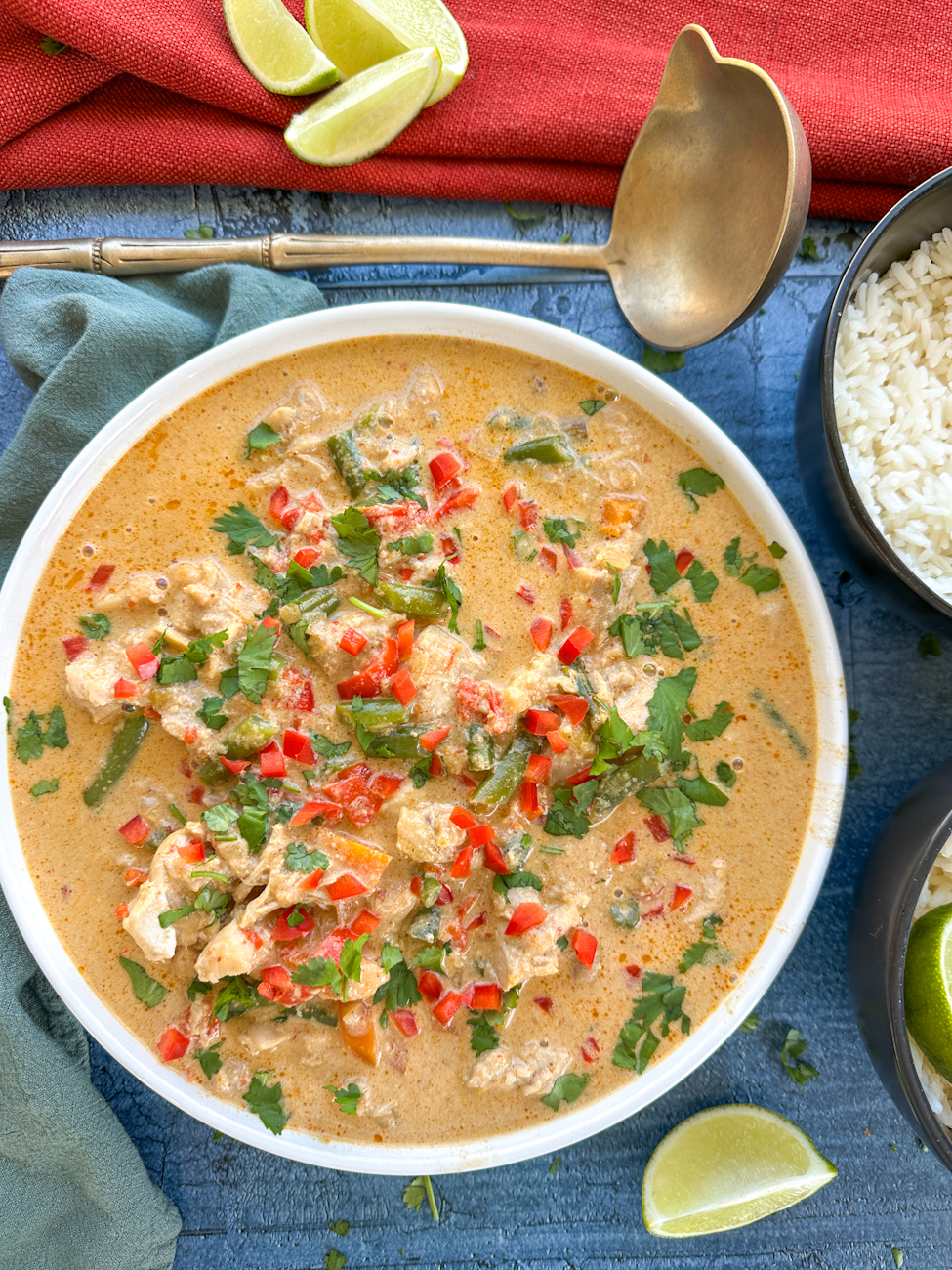 Bowl of creamy Slow Cooker Red thai chicken curry 