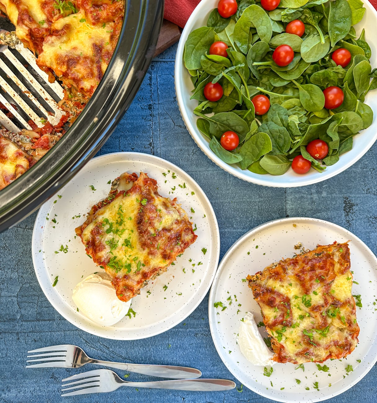 pieces of slow cooker spinach and ricotta lasagna