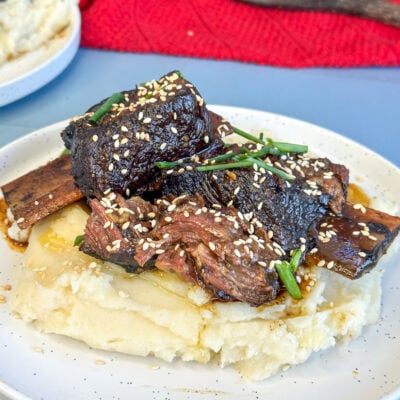 slow cooker shortribs with rich gravy over mashed potato