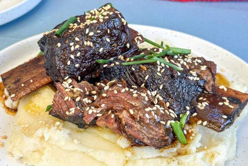 slow cooker shortribs with rich gravy over mashed potato