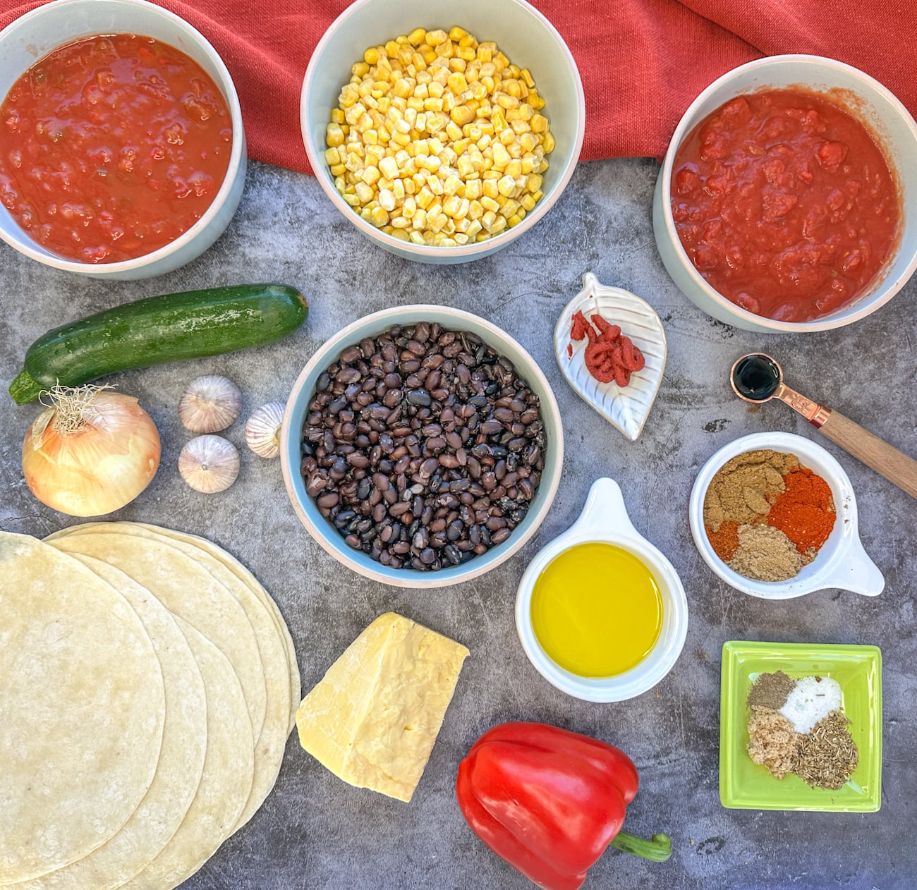 ingredients used for the slow cooker enchilada casserole - see recipe card for details.