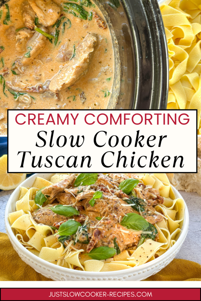 Creamy Garlic Parmesan Tuscan Chicken in the Slow Cooker Pinterest Pin
