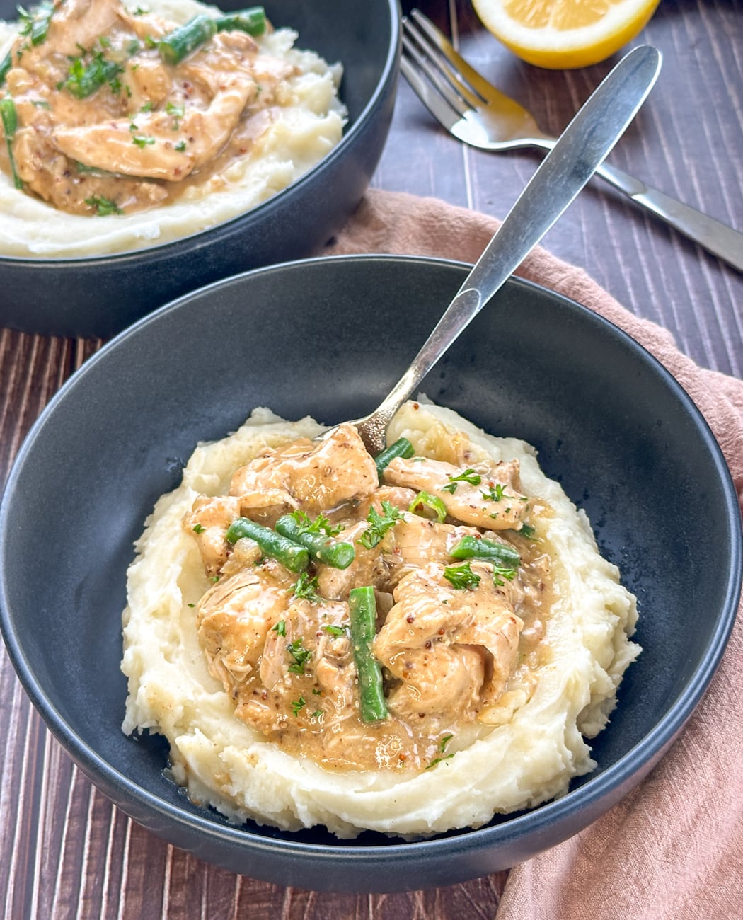 bowl of mashed potato with honey mustard chicken