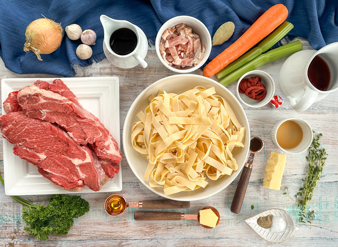 Ingredients for making slow cooker beef ragu - see the recipe card