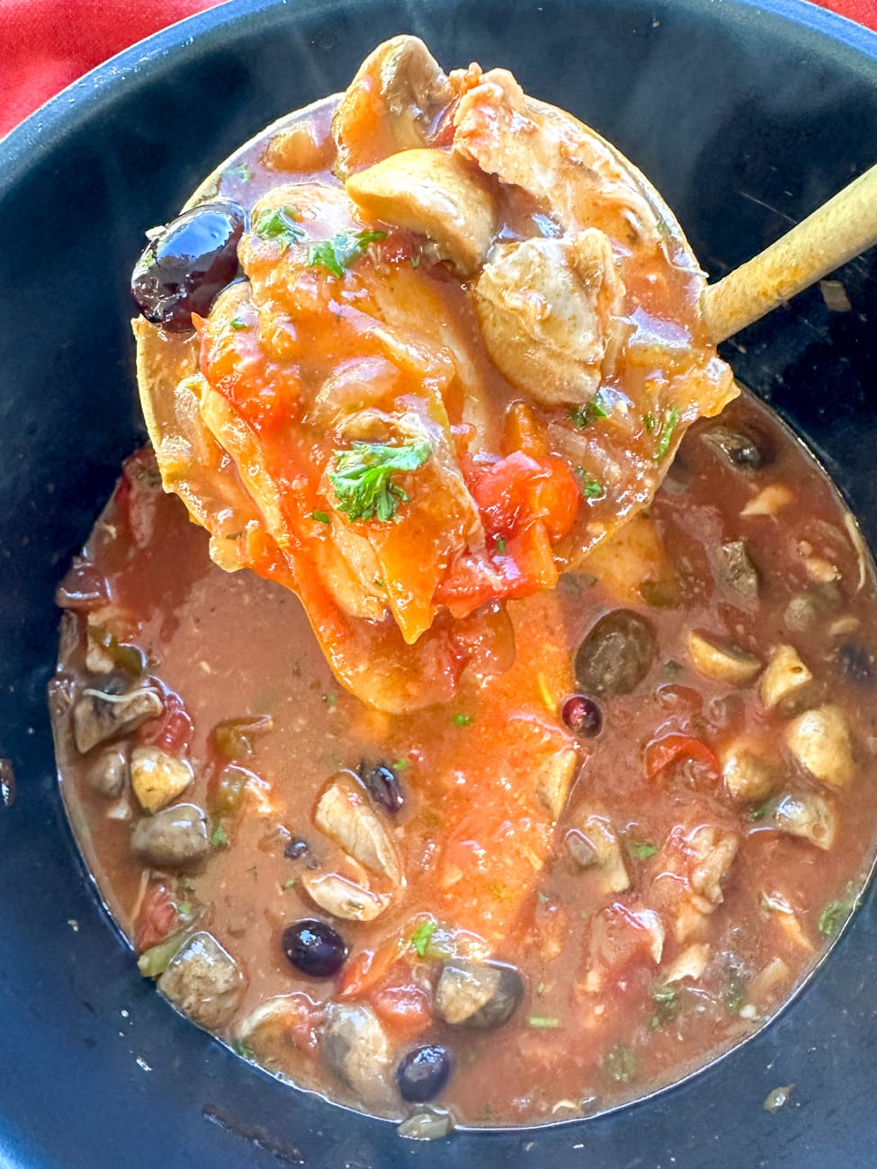 Ladle of finished chicken cacciatore to serve