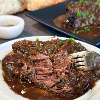 delicious fall apart beef cheeks in a rich gravy