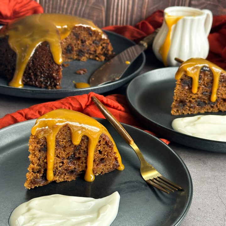 moist sticky date pudding slices covered in caramel sauce