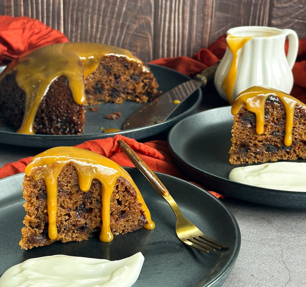 sticky date pudding with a caramel sauce drizzled on top